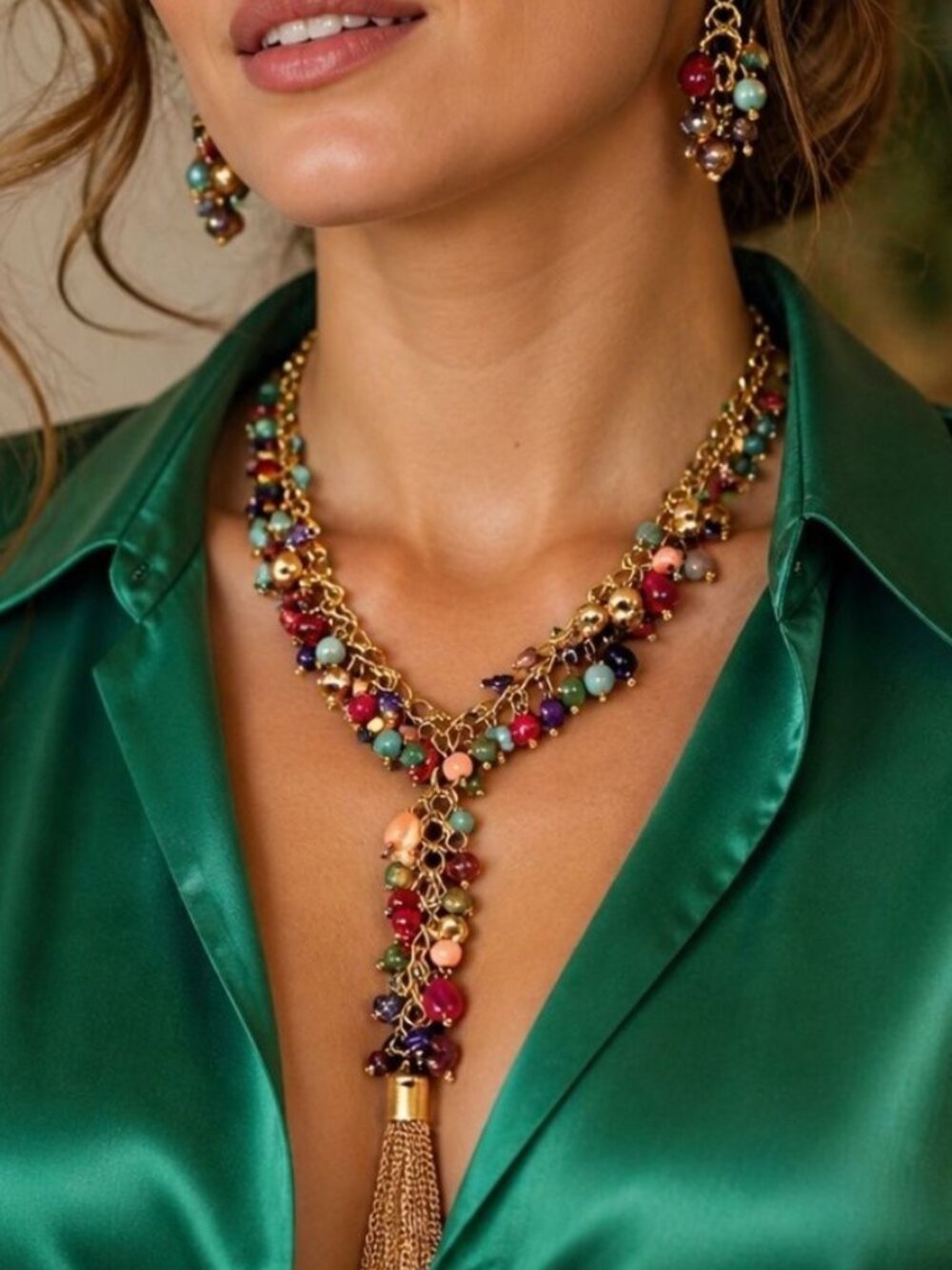 Vintage 80's Colorful Beaded Tassel Necklace & Earrings Set Gold-Tone Chains